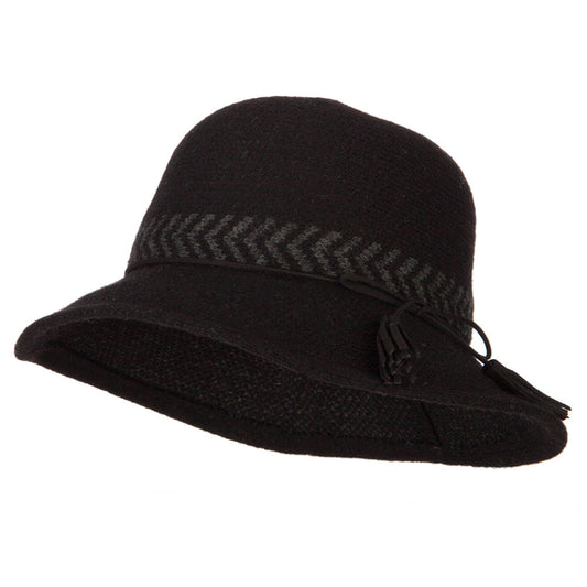 Women's Wool Designed Crown Suede Tie with Tassels Yarn Bucket Hat