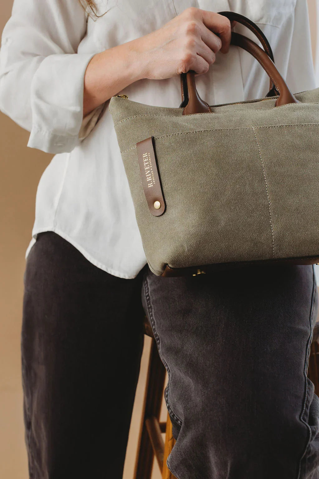 Dot | Small Tote | Fatigue Washed Canvas + Brown Leather
