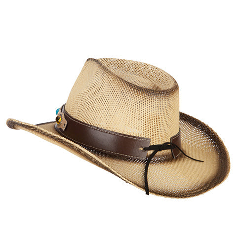 Pleather Precious Stone Accented Straw Cowboy Hat