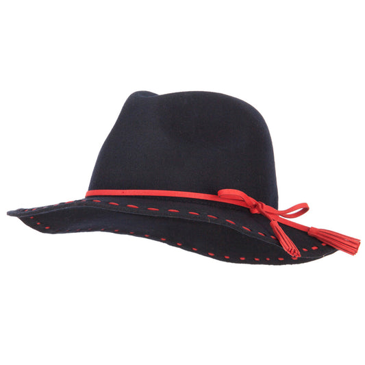 Women's Tassel Tie Trim Large Stitch Detailed Brim Wool Fedora Hat