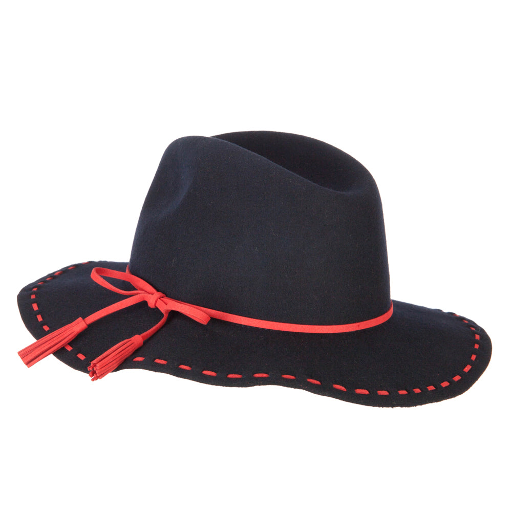 Women's Tassel Tie Trim Large Stitch Detailed Brim Wool Fedora Hat