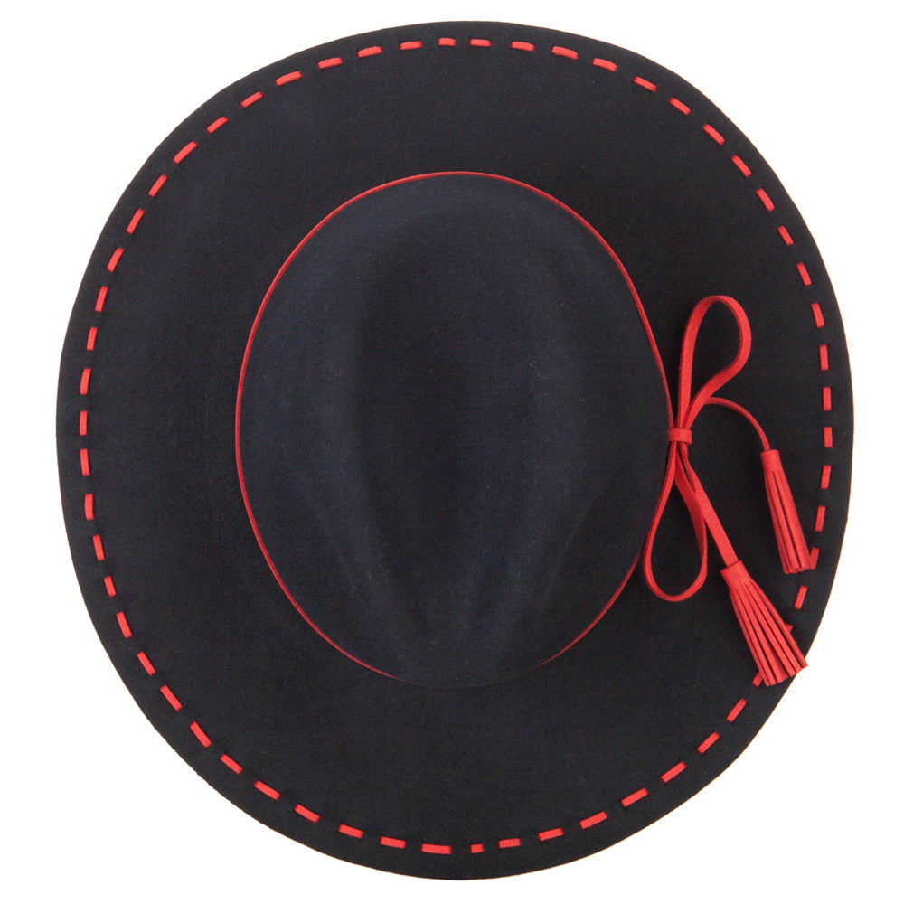 Women's Tassel Tie Trim Large Stitch Detailed Brim Wool Fedora Hat