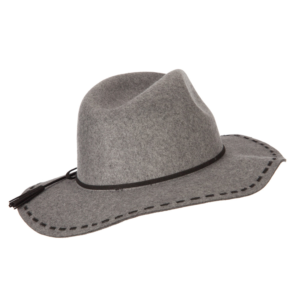 Women's Tassel Tie Trim Large Stitch Detailed Brim Wool Fedora Hat