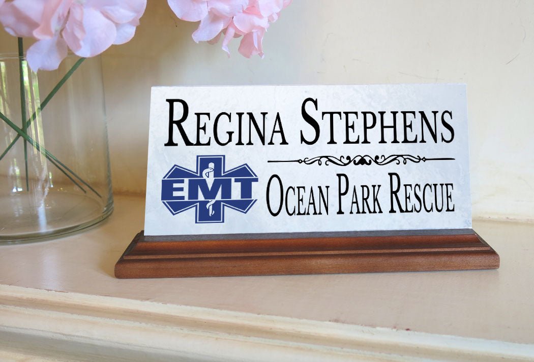 Personalized EMT Desk Nameplate – Custom Marble Plaque with Name & Department