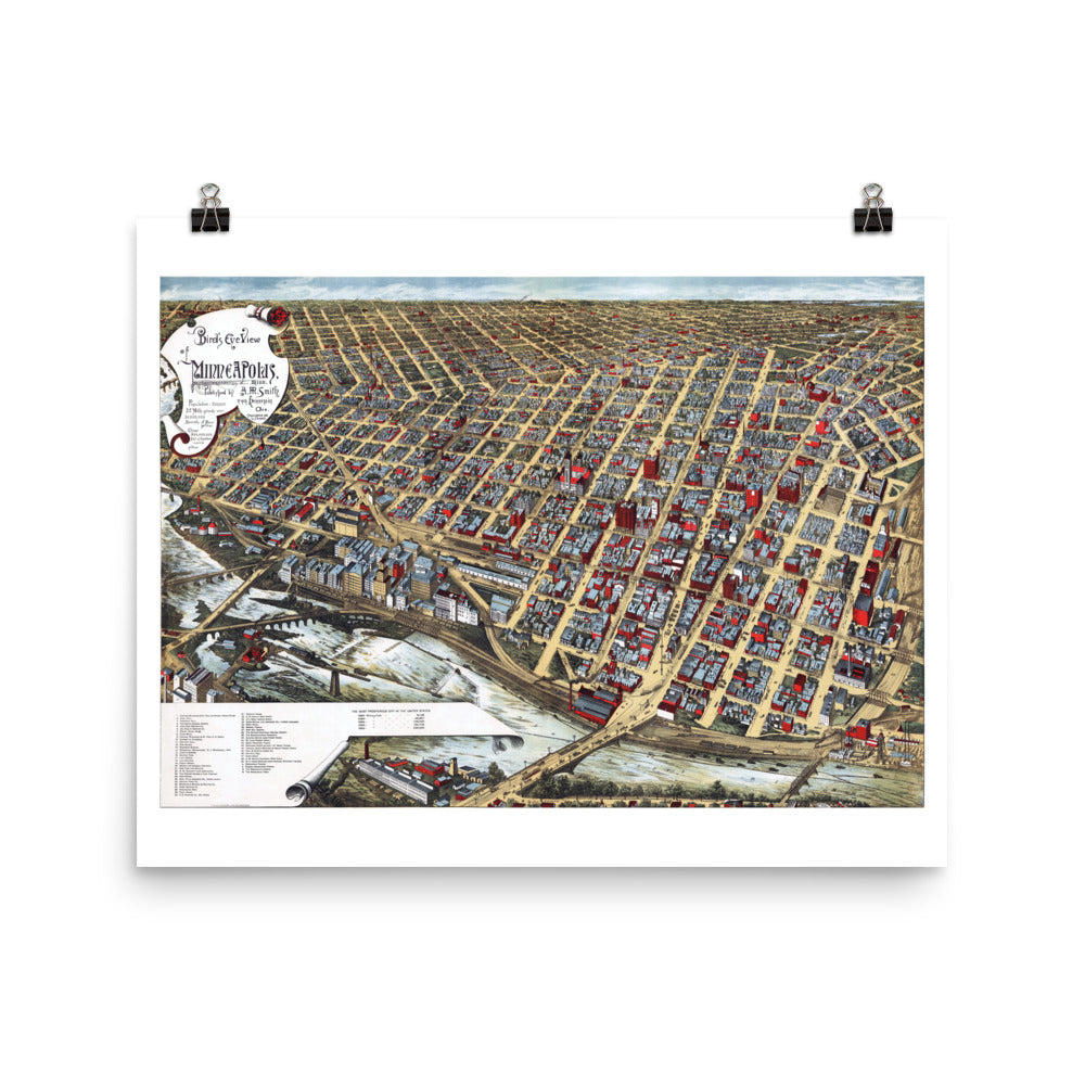 1891 Minneapolis Bird's Eye Giclée  Map Print