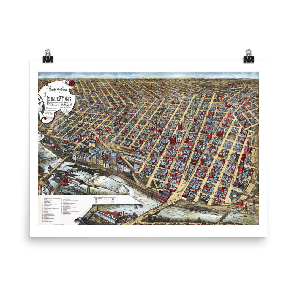 1891 Minneapolis Bird's Eye Giclée  Map Print