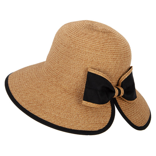 Women's Paper Braid Bow Accented V-Cut Split Wide Brim Bucket Hat