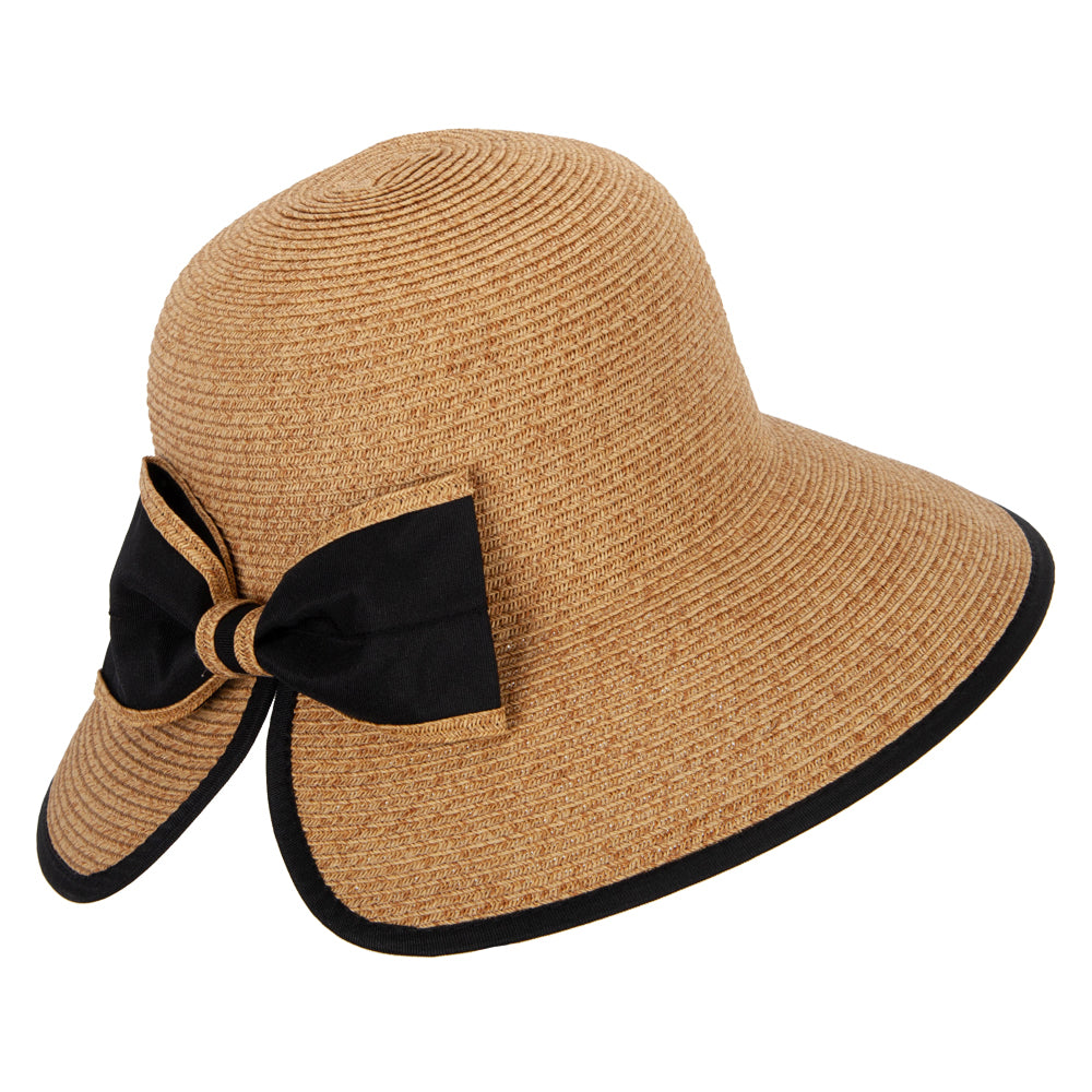 Women's Paper Braid Bow Accented V-Cut Split Wide Brim Bucket Hat
