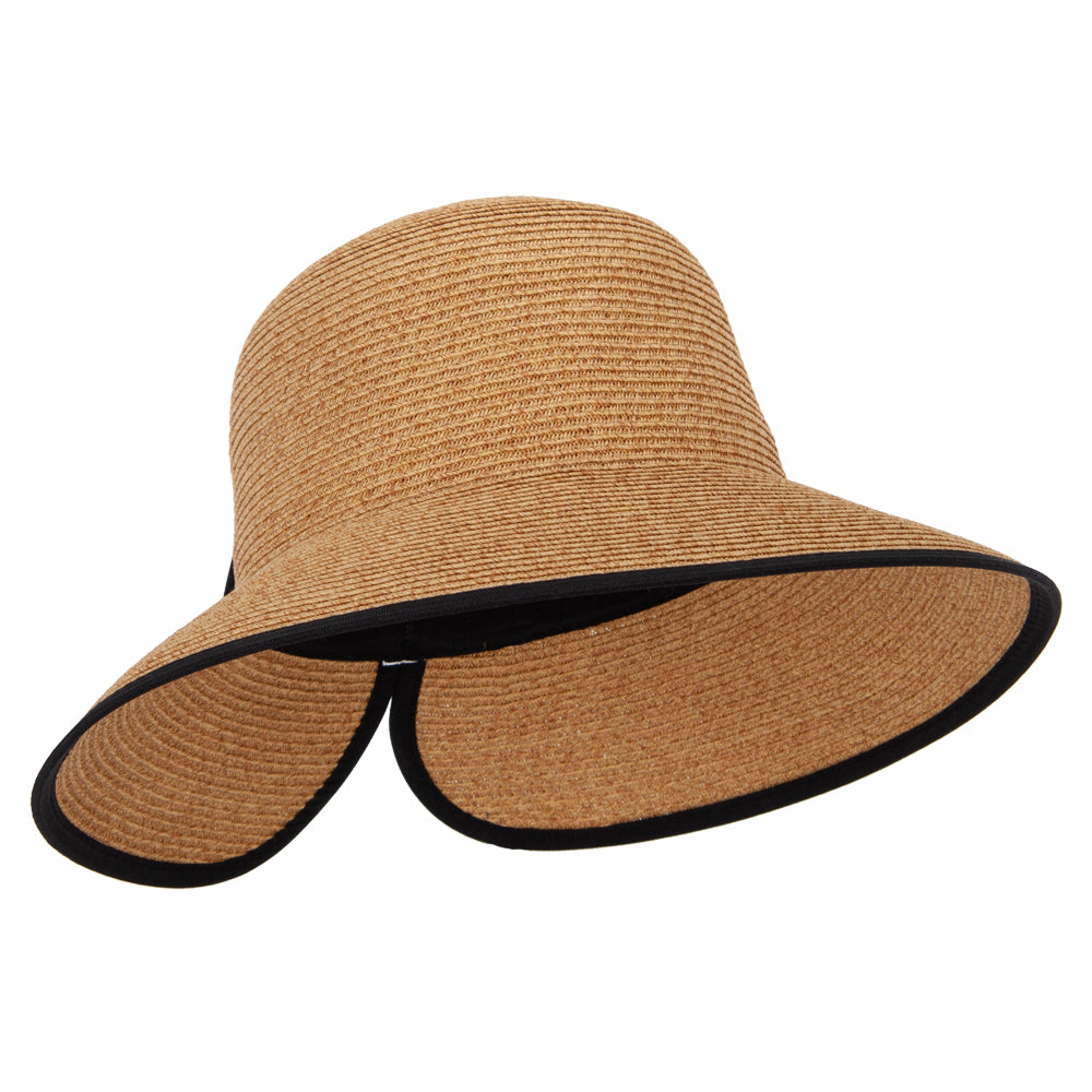 Women's Paper Braid Bow Accented V-Cut Split Wide Brim Bucket Hat