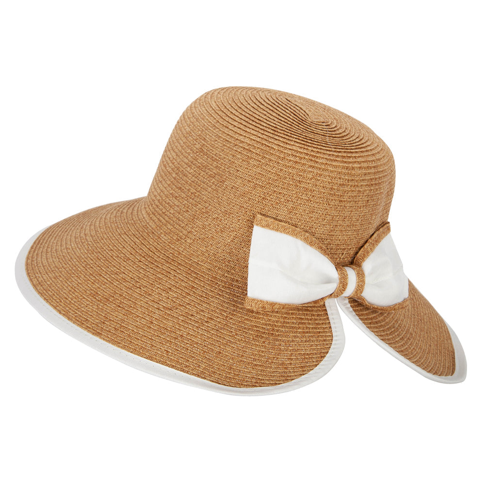 Women's Paper Braid Bow Accented V-Cut Split Wide Brim Bucket Hat