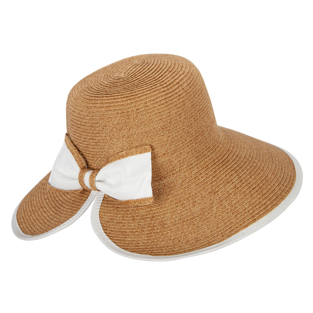 Women's Paper Braid Bow Accented V-Cut Split Wide Brim Bucket Hat