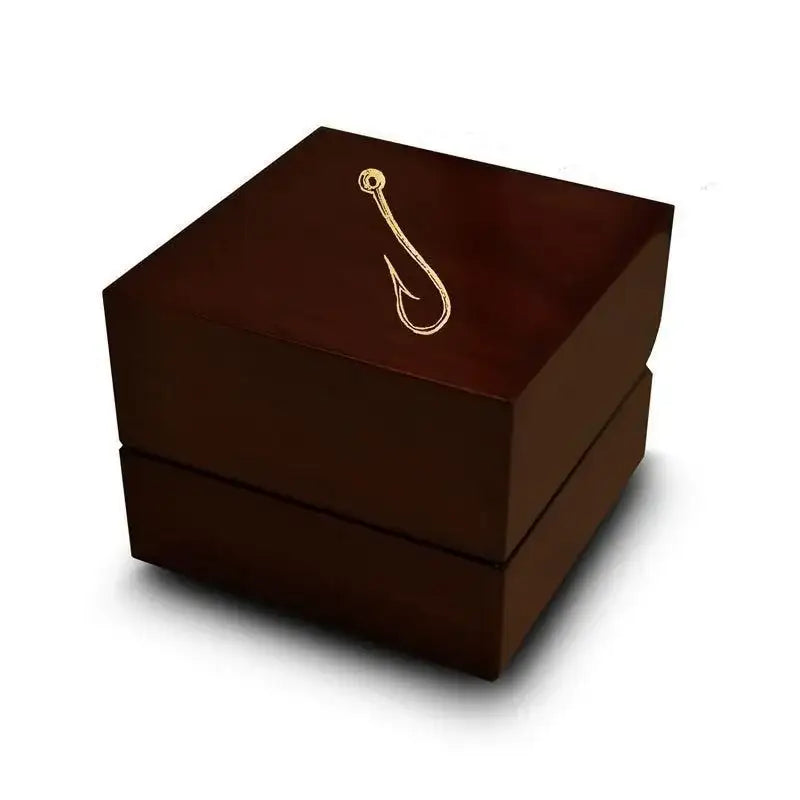Artistic Fishing Hook Engraved Chocolate Dark Wood Personalized Wooden Wedding Ring Box