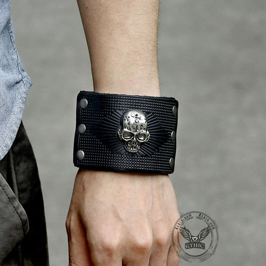 Exaggerated Skull Wide Leather Wristband Bracelet