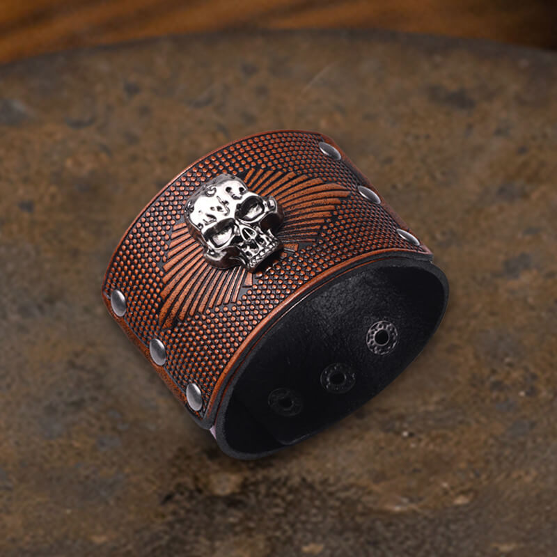 Exaggerated Skull Wide Leather Wristband Bracelet
