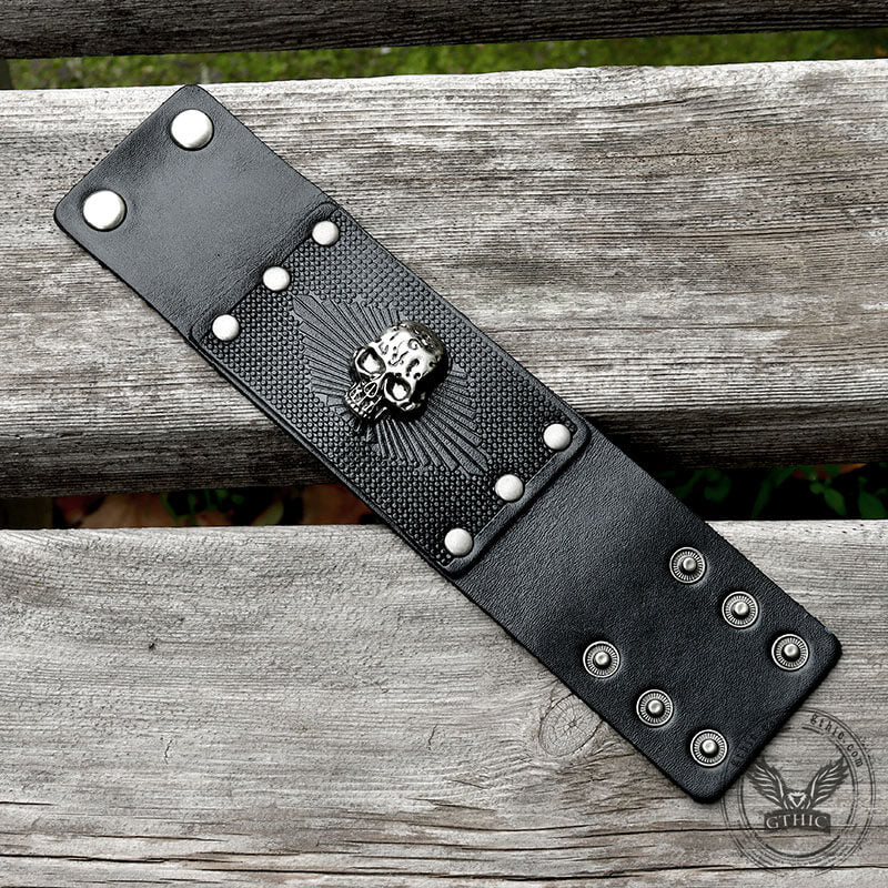 Exaggerated Skull Wide Leather Wristband Bracelet