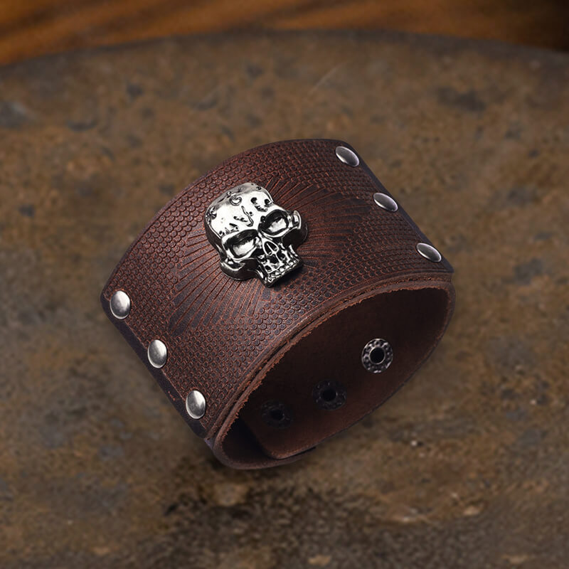 Exaggerated Skull Wide Leather Wristband Bracelet