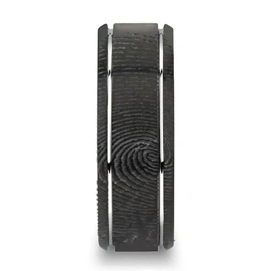 Fingerprint Engraved Flat Black Tungsten Ring with Brushed Finish & Polished Grooves - Nocturne - 6mm - 8mm