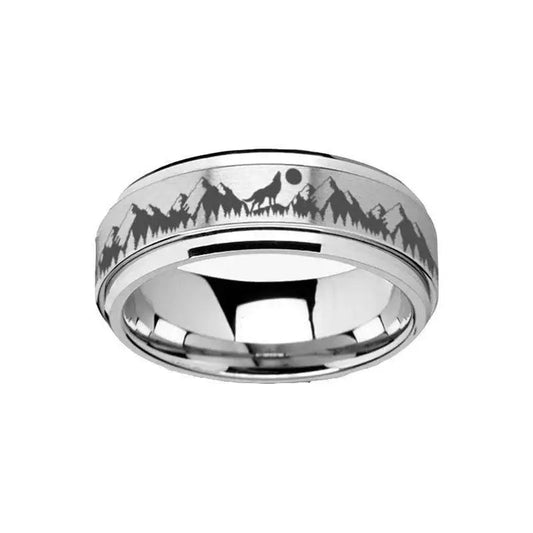 Spinning Engraved Mountain Wolf Moon Tungsten Carbide Spinner Wedding Band - 8mm
