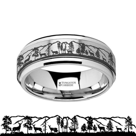 PINNACLE Spinning Engraved Roaming Deer Stag Tungsten Carbide Spinner Wedding Band - 8mm
