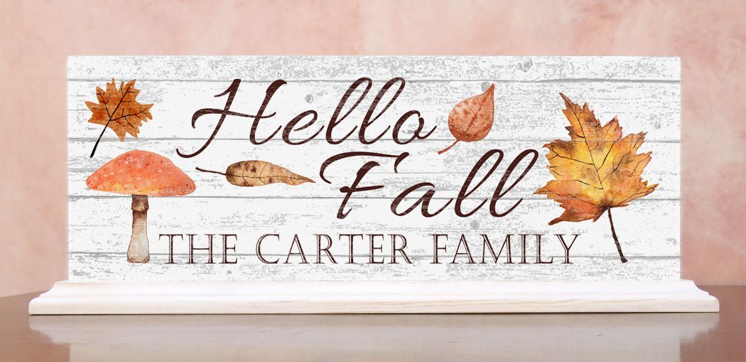 Hello Fall Shelf Sign – Personalized Autumn Decor With Family Name