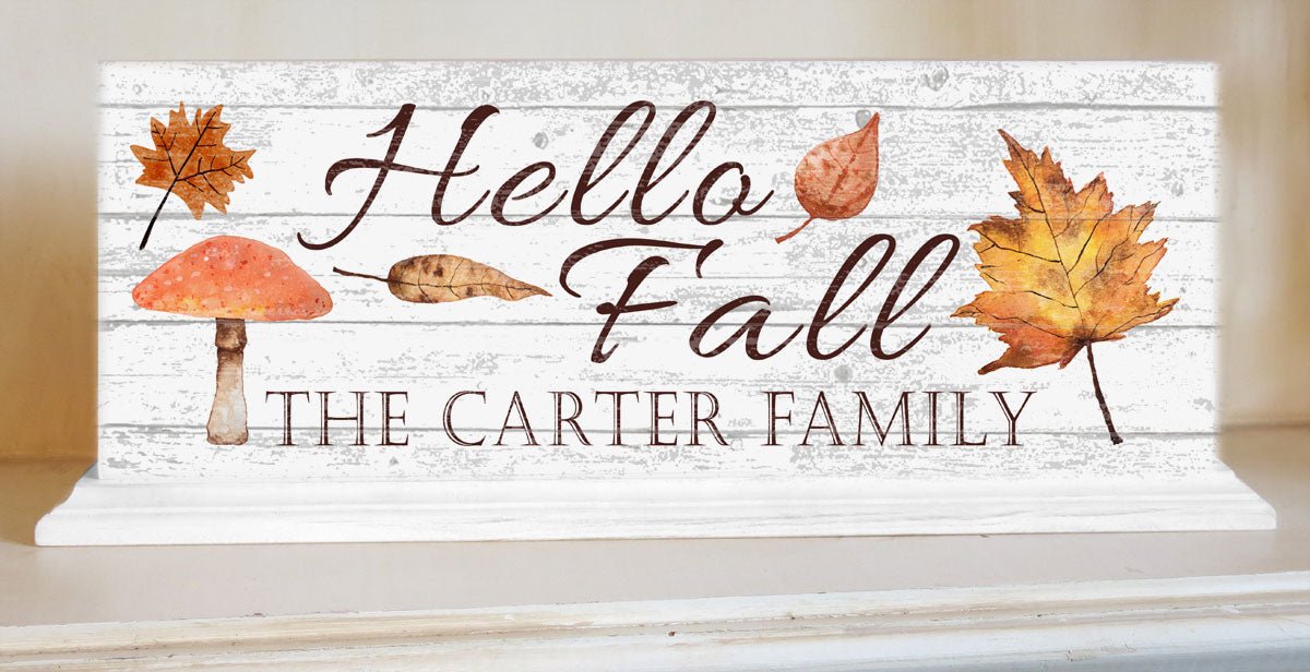 Hello Fall Shelf Sign – Personalized Autumn Decor With Family Name