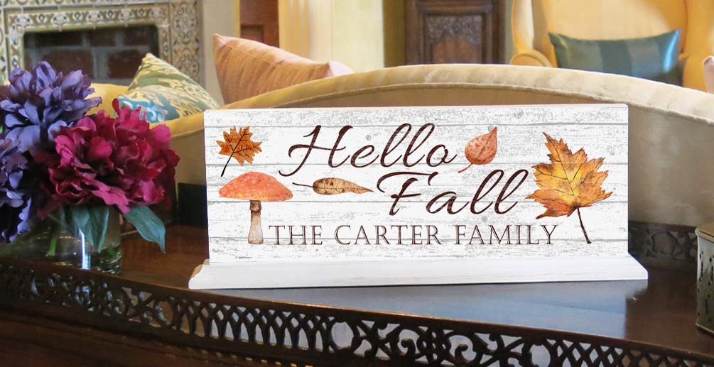 Hello Fall Shelf Sign – Personalized Autumn Decor With Family Name