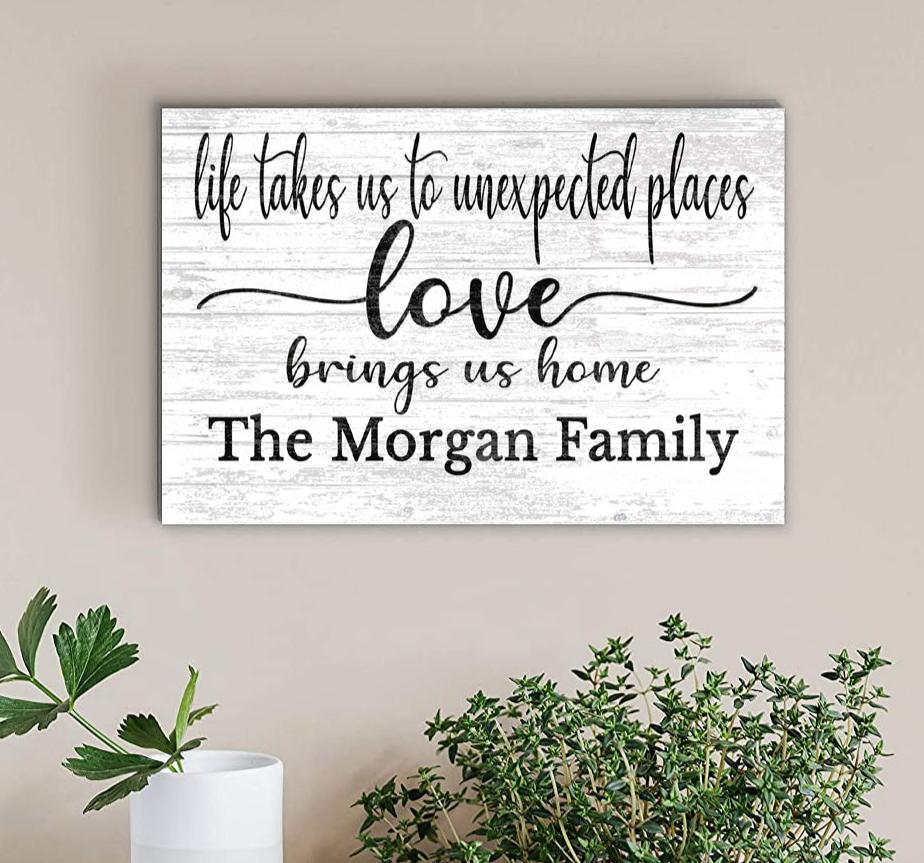 Family Name Sign Love Brings Us Home Personalized Farmhouse Decor