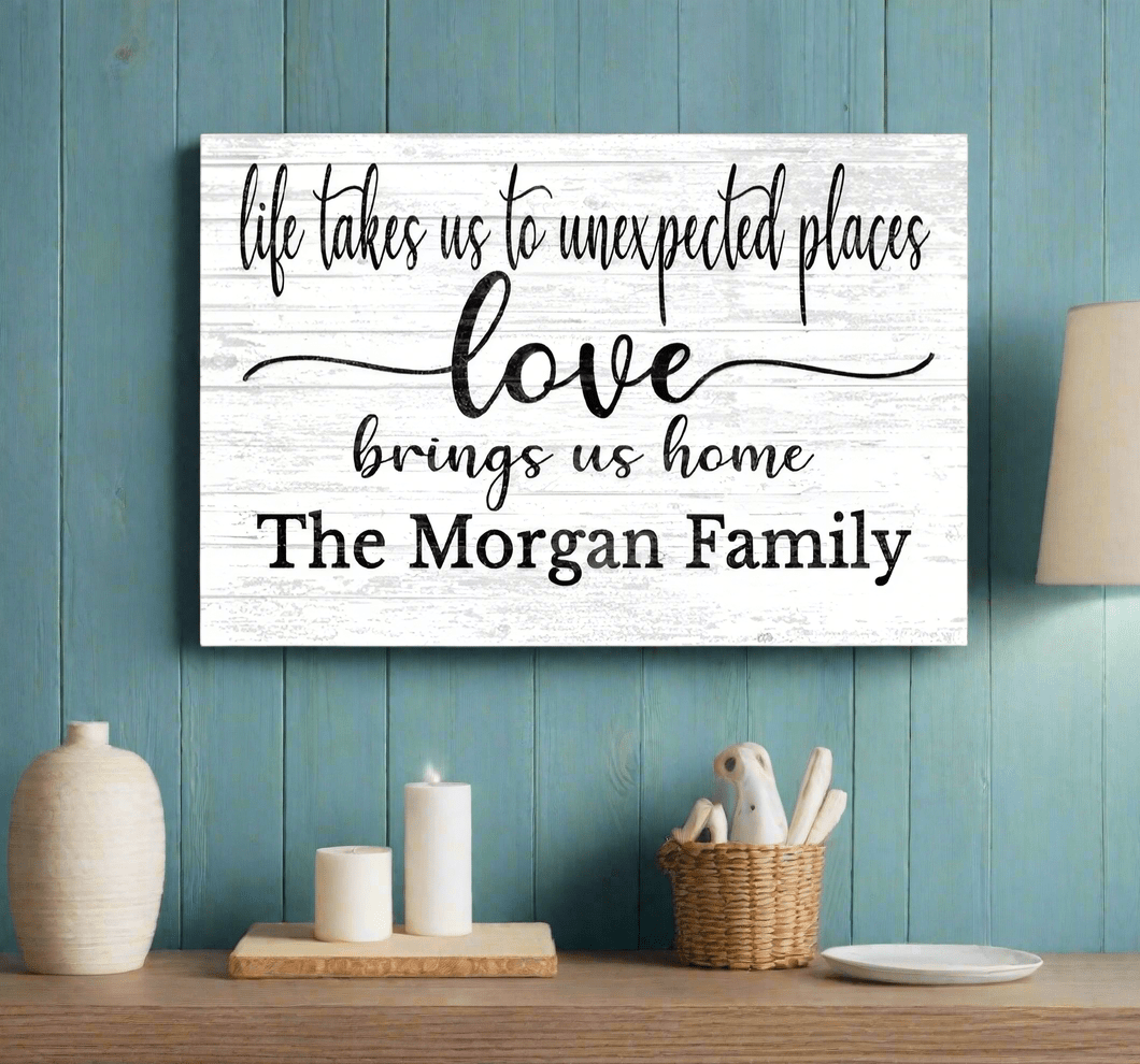 Family Name Sign Love Brings Us Home Personalized Farmhouse Decor