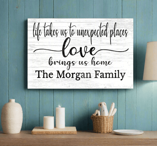 Family Name Sign Love Brings Us Home Personalized Farmhouse Decor