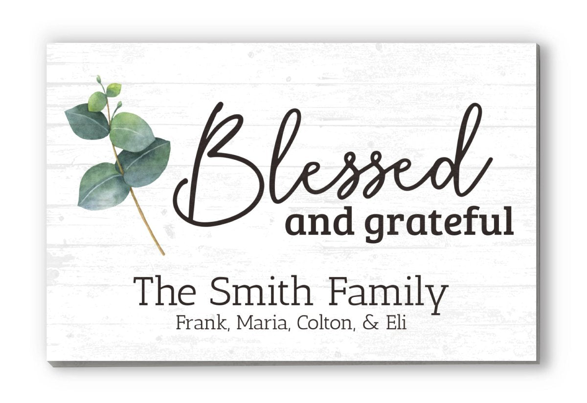 Family Name Sign Personalized Gift Farmhouse Decor "Blessed and Grateful" Wood Quote Wall Art - 16.5" x 10.5"