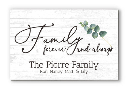Family Name Sign Personalized Gift Farmhouse Decor "Family Forever and Always" Wood Quote Wall Art - 16.5" x 10.5"
