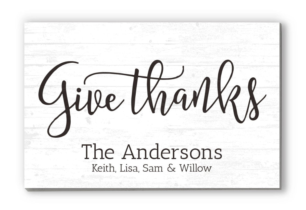 Family Name Sign Personalized Gift Farmhouse Decor "Give Thanks" Wood Quote Wall Art - 16.5" x 10.5"