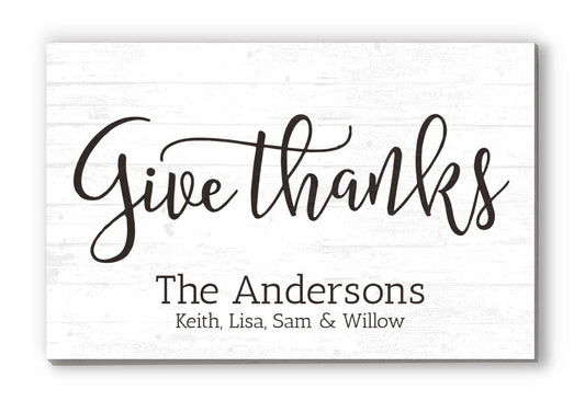 Family Name Sign Personalized Gift Farmhouse Decor "Give Thanks" Wood Quote Wall Art - 16.5" x 10.5"