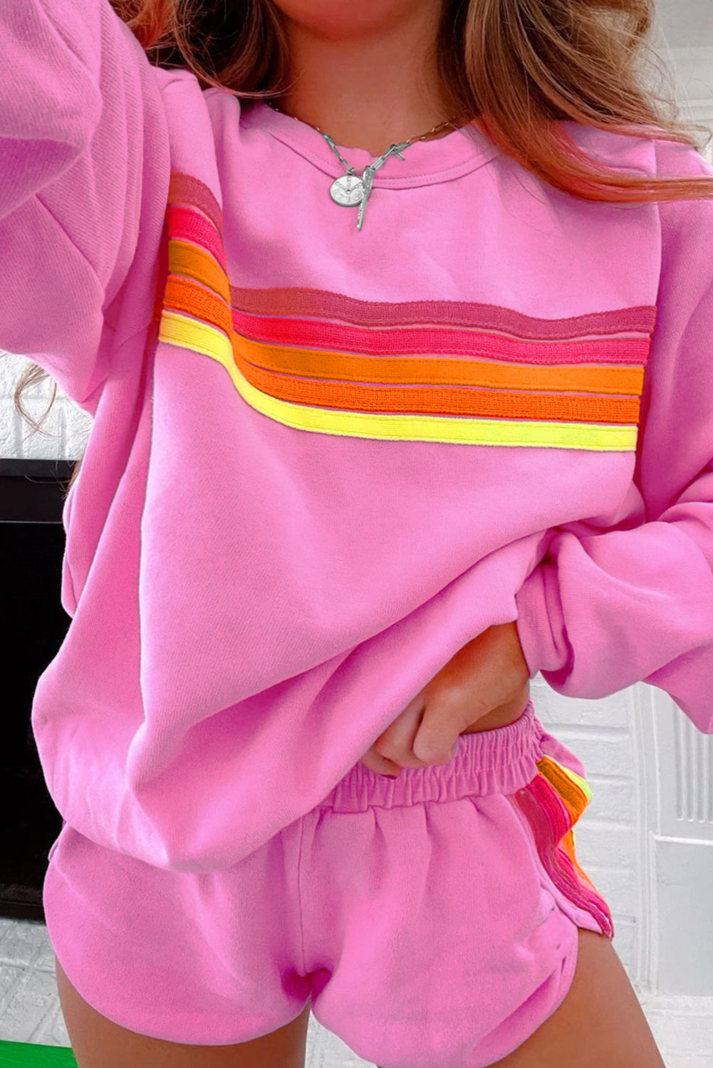 Apricot Striped Accent Pullover and Shorts Two Piece Casual Set