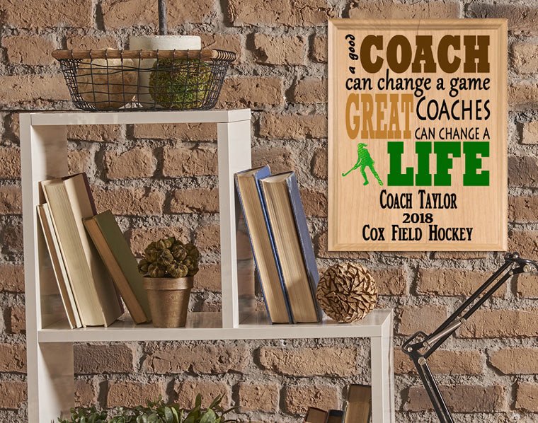 Custom Field Hockey Coach Gift – Personalized Wood Plaque with Name & Year – “Great Coaches Change Lives” – Solid Wood – USA Made – 11x8.5