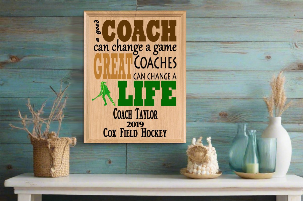 Custom Field Hockey Coach Gift – Personalized Wood Plaque with Name & Year – “Great Coaches Change Lives” – Solid Wood – USA Made – 11x8.5
