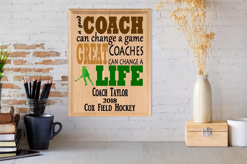 Custom Field Hockey Coach Gift – Personalized Wood Plaque with Name & Year – “Great Coaches Change Lives” – Solid Wood – USA Made – 11x8.5