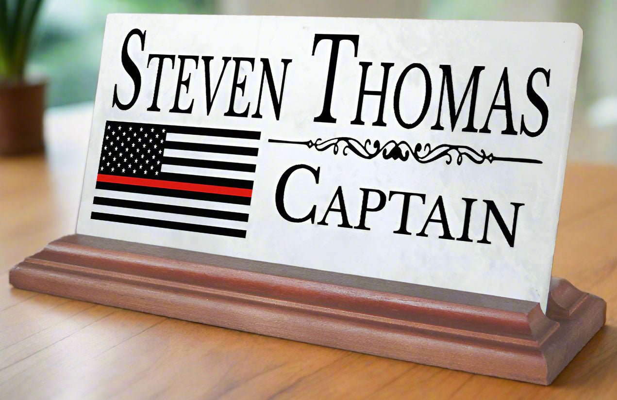 Firefighter Nameplate Gift - Thin Red Line Flag Custom Desk Name Plate - Graduation or Promotion Gift