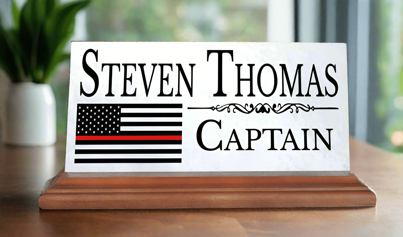 Firefighter Nameplate Gift - Thin Red Line Flag Custom Desk Name Plate - Graduation or Promotion Gift