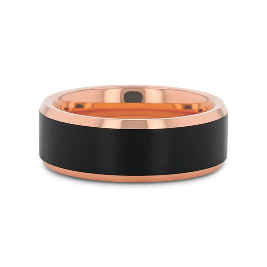 HAYDEN Rose Gold Plated Tungsten Beveled Ring with Brushed Black Center, Comfort Fit (6mm & 8mm)