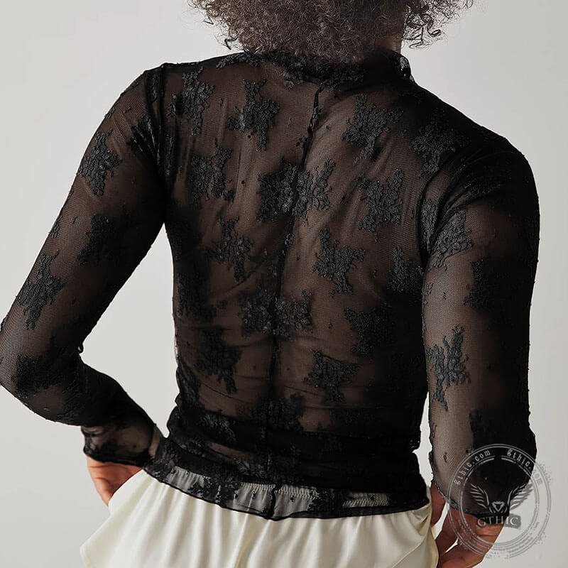 Floral Embroidery Mesh Sheer Long Sleeve T-shirt