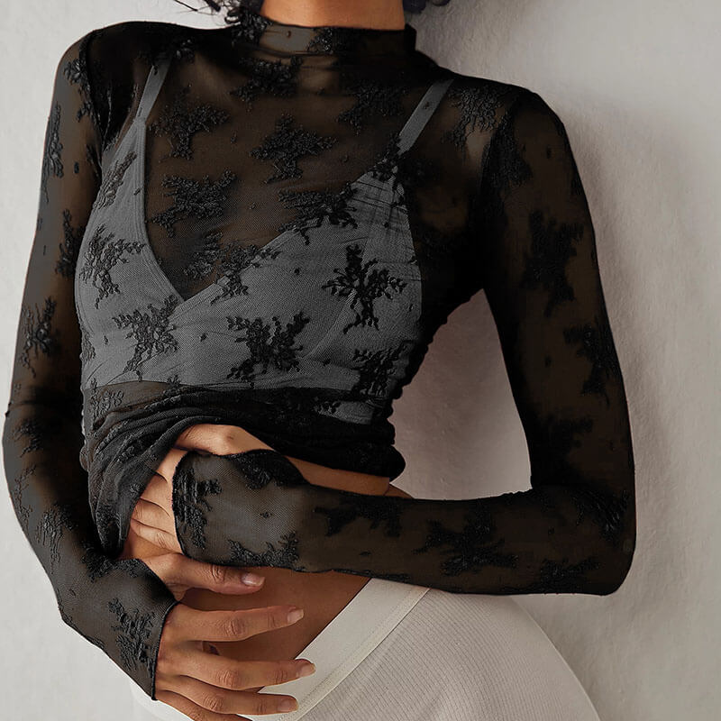 Floral Embroidery Mesh Sheer Long Sleeve T-shirt