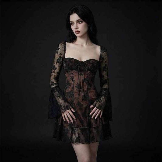Floral Pattern Lace Tie Front Mini Dress