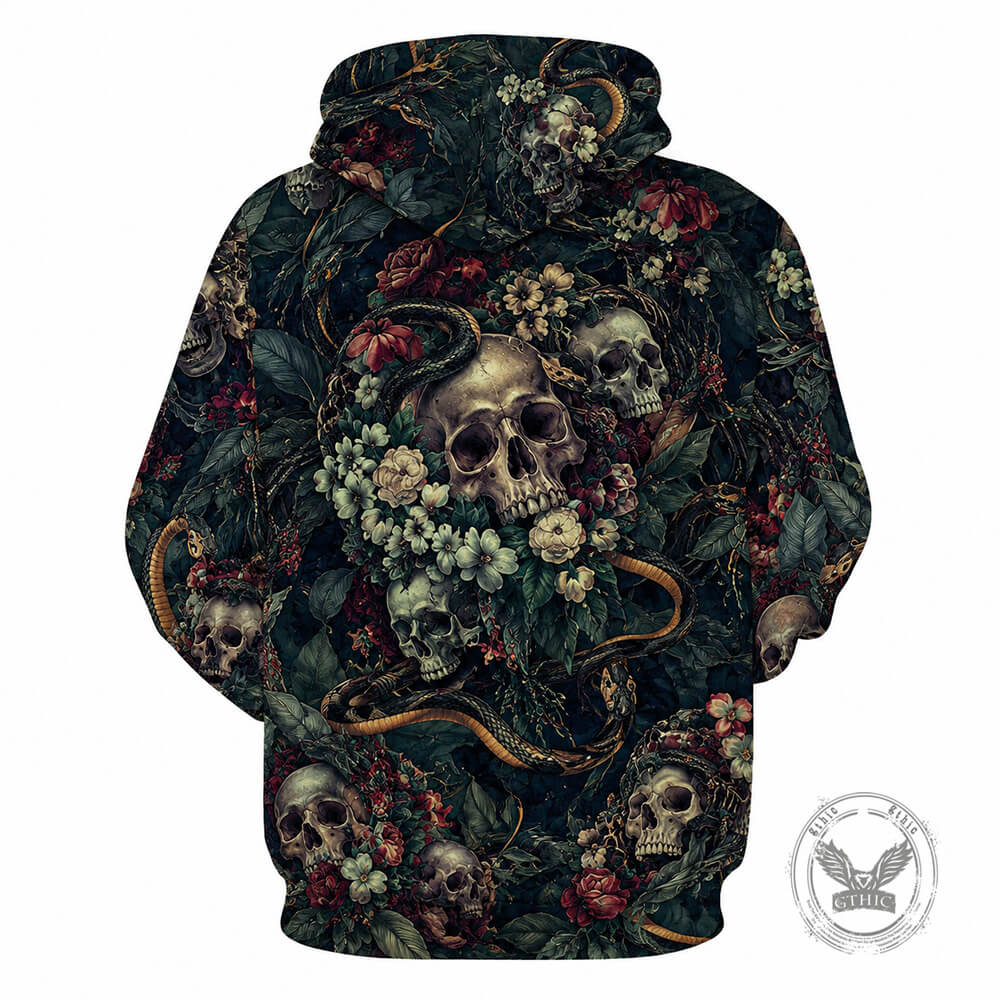 Flower Skull Snake Print Polyester Pullover Hoodie