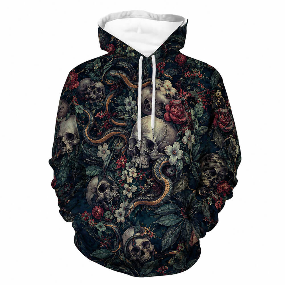 Flower Skull Snake Print Polyester Pullover Hoodie