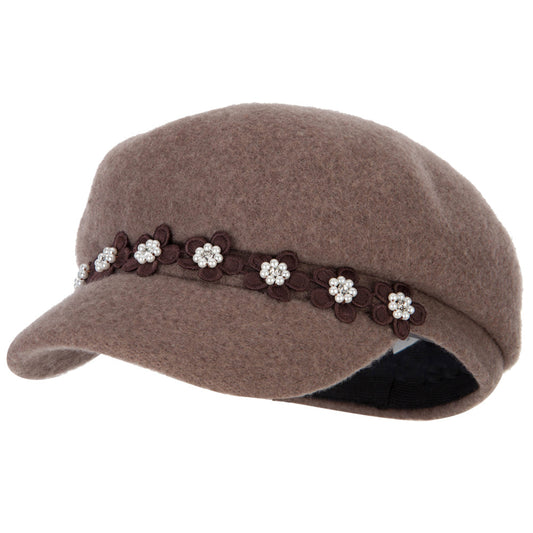 Women's Flower Band Accented Wool Felt Newsboy Cap