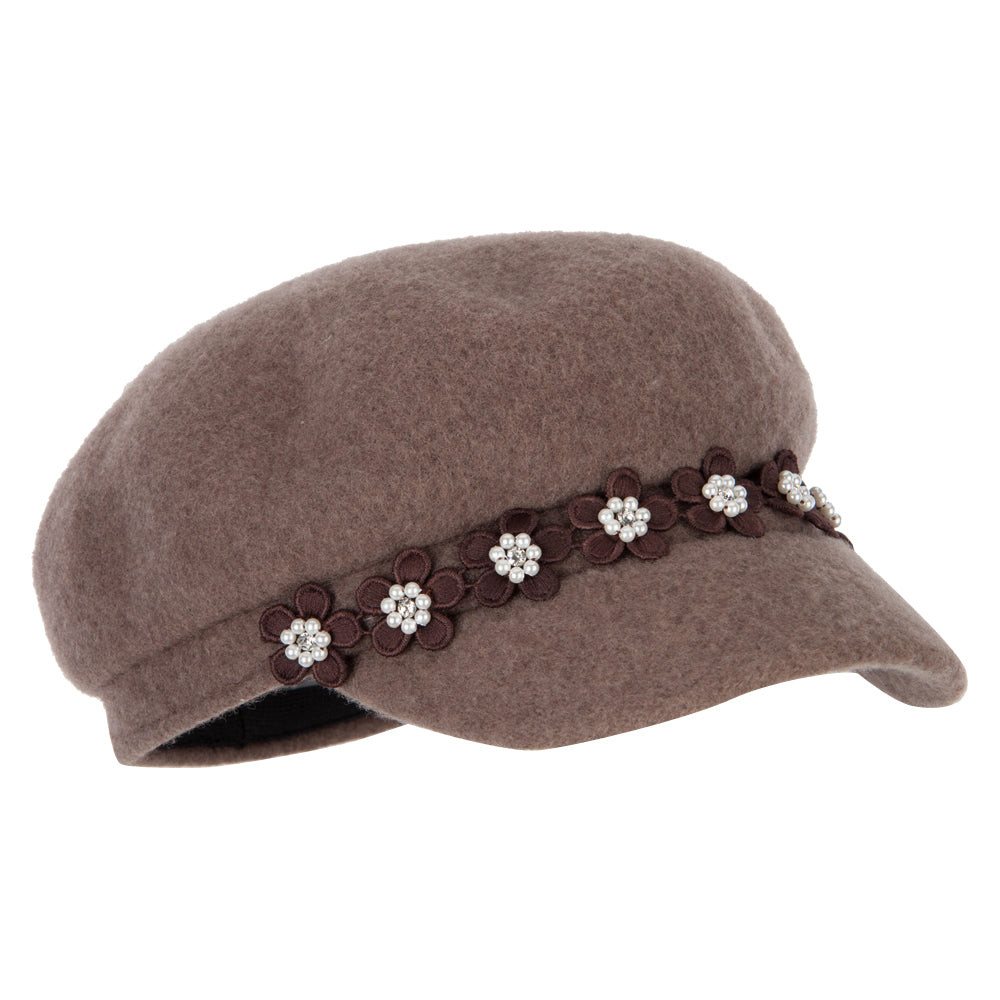 Women's Flower Band Accented Wool Felt Newsboy Cap