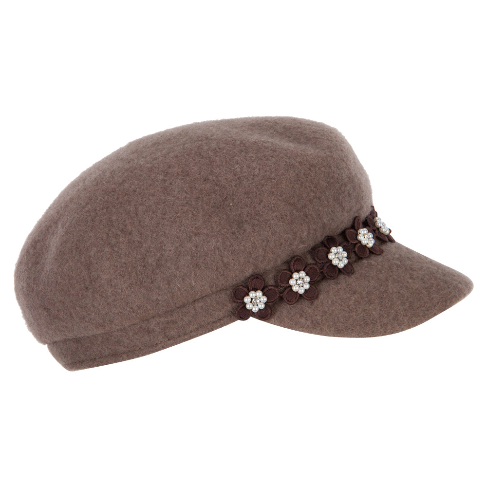 Women's Flower Band Accented Wool Felt Newsboy Cap
