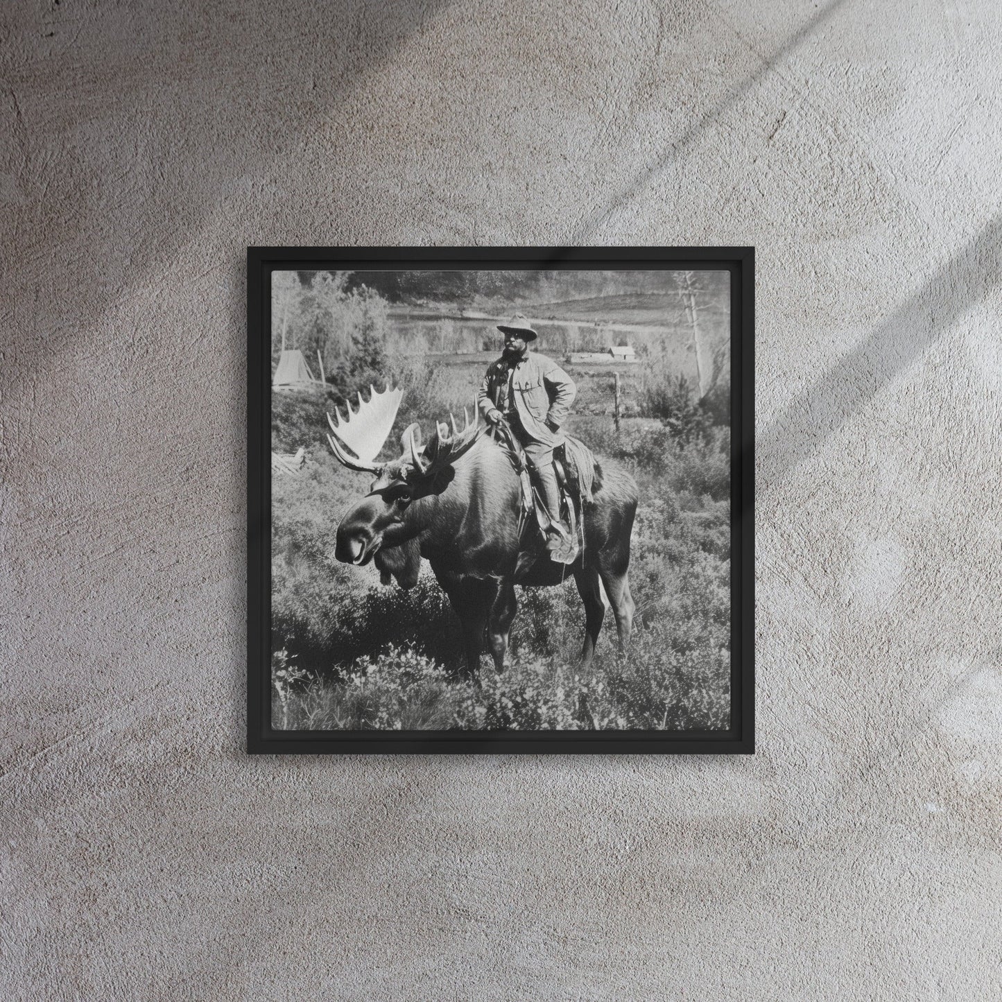 Teddy Roosevelt on a Bull Moose Framed Canvas