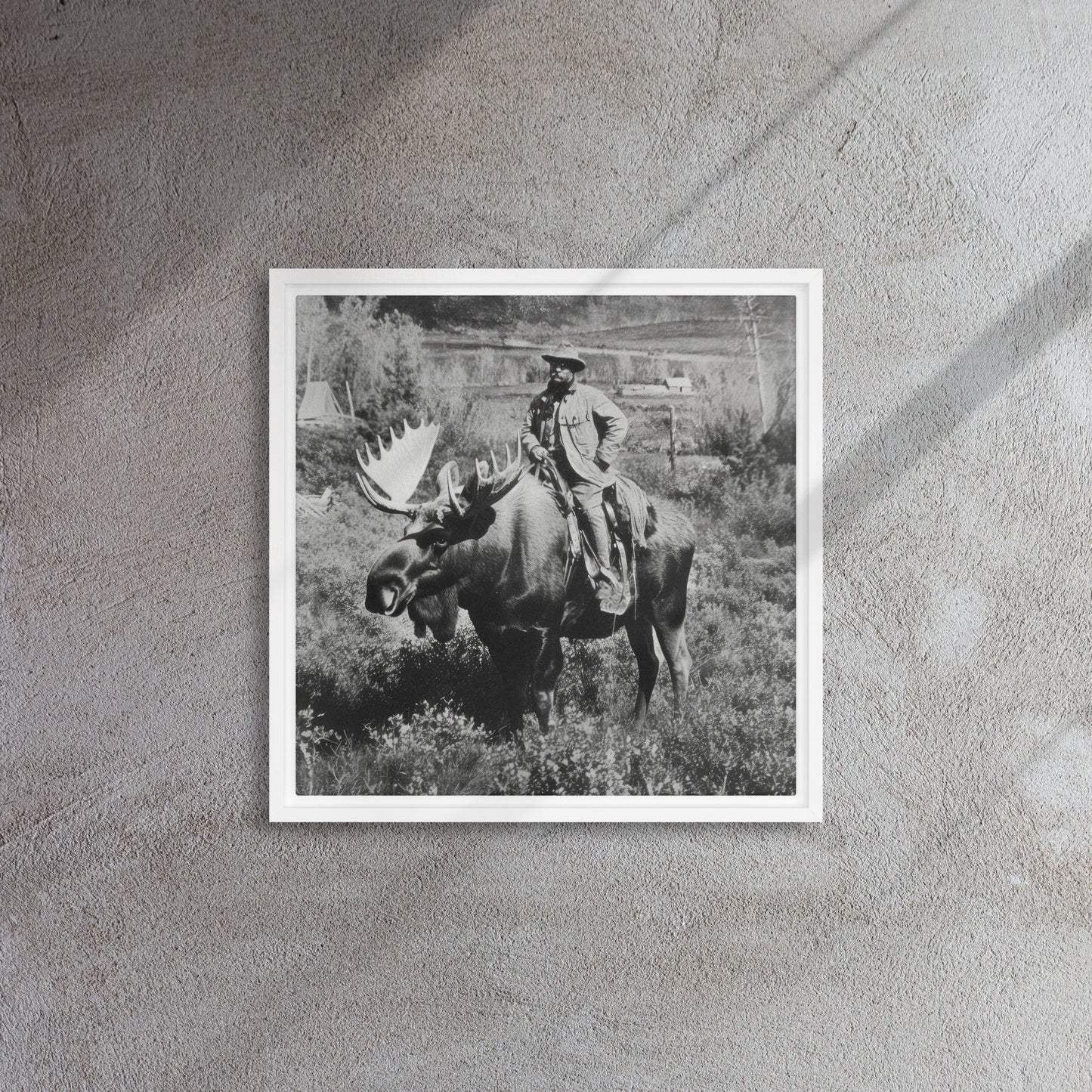 Teddy Roosevelt on a Bull Moose Framed Canvas